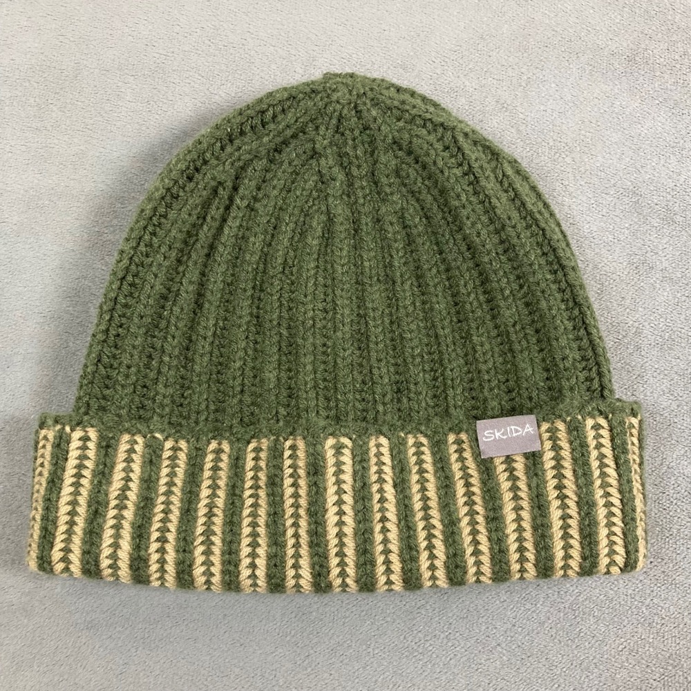 Skida Beanie Hat Green Tan Wool Cashmere Blend Ribbed Knit Cuffed Handmade Nepal